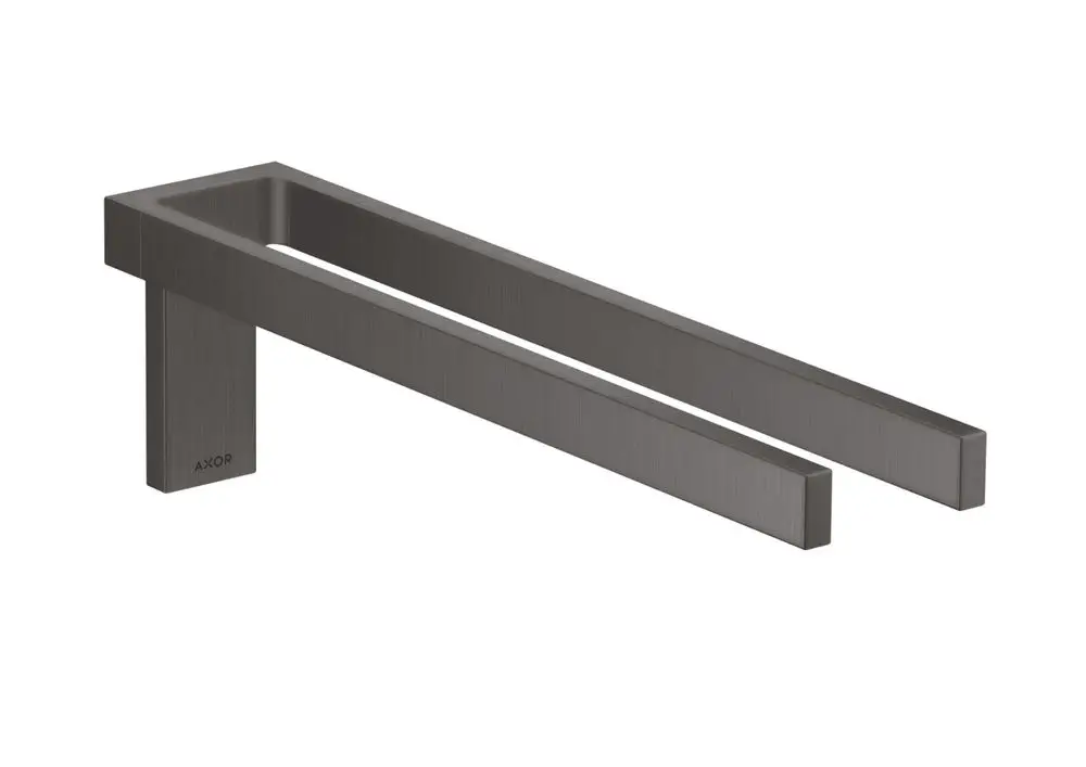 Zweiarmiger Handtuchhalter in brushed black chrome von AXOR, mit rechteckiger Form und minimalistischem Design, an einer Wand montiert.
